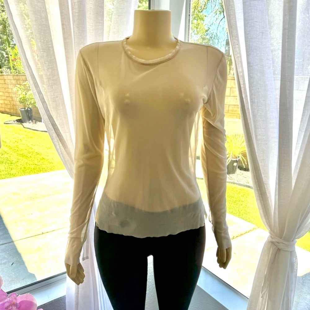 Priscavera Beige Long Sleeve Mesh Top Size M Med Velour Sheer